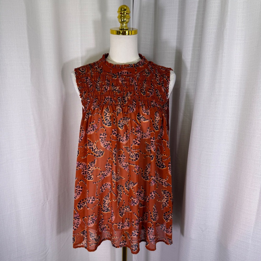 Maeve Anthropologie Leopard Print Smocked Top Darby US 14 Sleeveless Blouse
